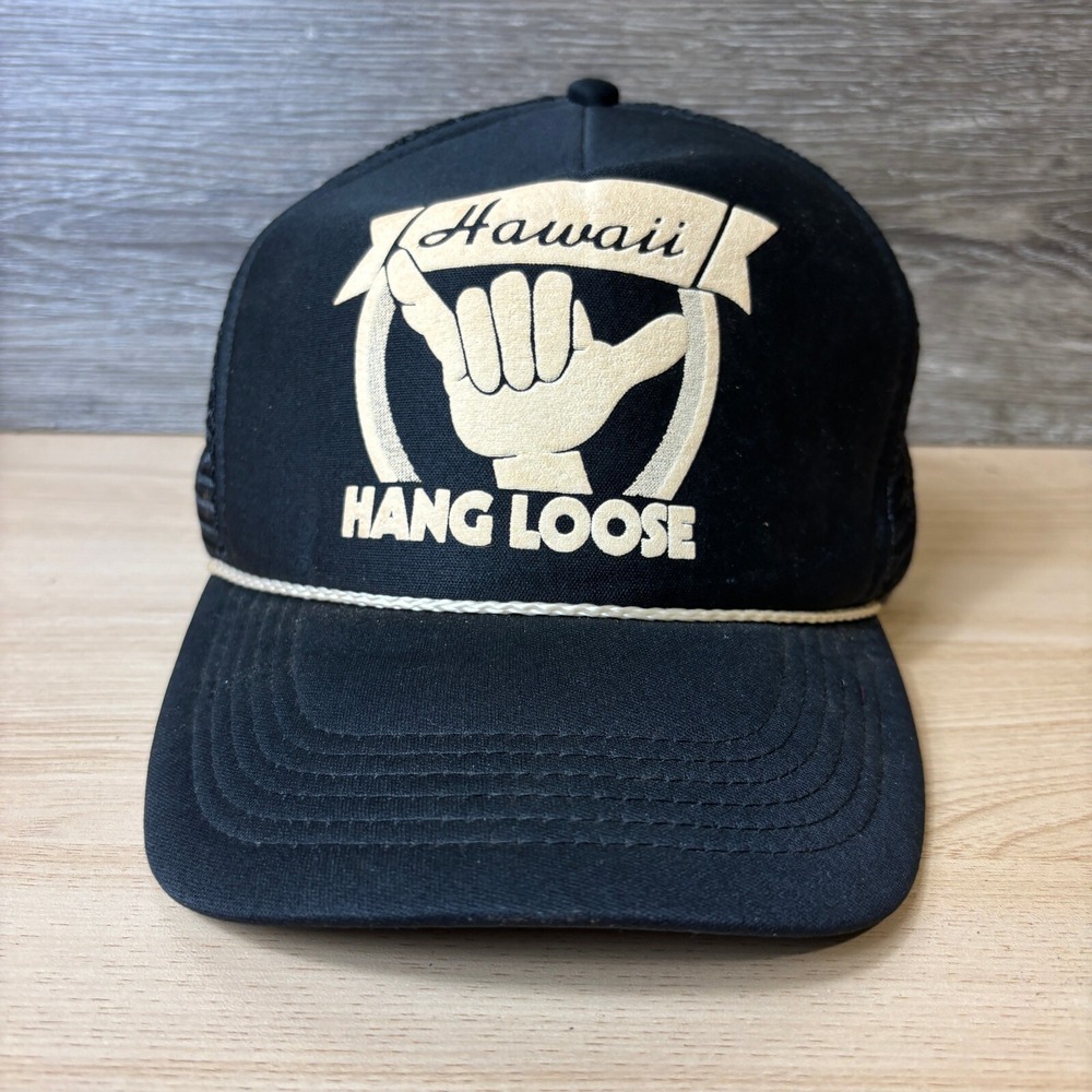 Vintage Hawaii Hat Cap Snapback Black Trucker Hang Loose 90s Surf Surfing